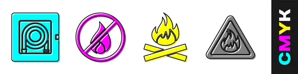 Ställ Brandslangskåp Ingen Eld Campfire Och Fire Flame Triangeln Ikonen — Stock vektor