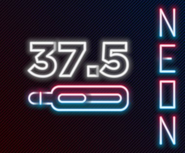 Tıbbi inceleme ikonu için parıldayan neon hattı medikal termometre siyah arka planda izole edildi. Renkli taslak konsepti. Vektör.
