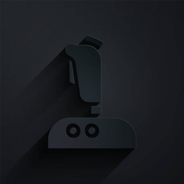 Oyun makinesi simgesi için kağıt kesiği Joystick siyah arkaplanda izole edilmiş. Joystick oyun alanı. Kağıt sanatı tarzı. Vektör İllüstrasyonu.