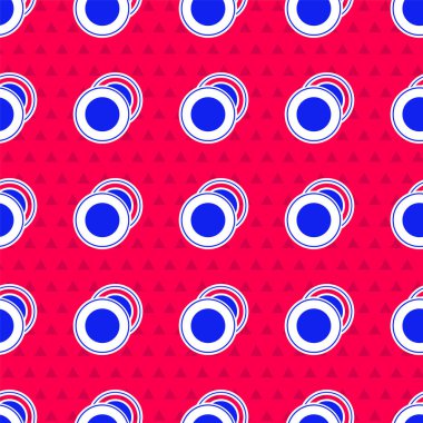 Kırmızı arkaplanda mavi plaka simgesi izole edilmiş. Çatal bıçak sembolü. Restoran tabelası. Vektör İllüstrasyonu.