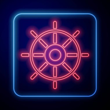 Parlayan neon gemi direksiyon ikonu mavi arka planda izole edildi. Vektör İllüstrasyonu.