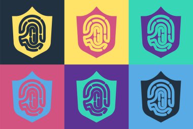 Pop sanat koruma kalkanı renk arka planında izole edilmiş parmak izi simgesi kodladı. Kimlik uygulaması simgesi. Kimlik işareti. Güvenlik parmak taraması konsepti. Vektör.