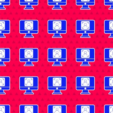 Yüz tanıma simgesine sahip mavi monitör kırmızı arkaplanda izole edilmiş pürüzsüz desen. Yüz tanımlama simgesi. Yüz tanıma. Siber güvenlik kavramı. Vektör.