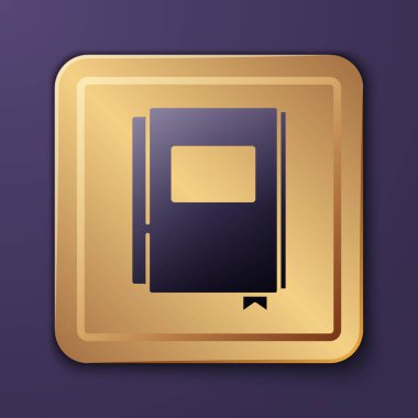 Mor arkaplanda izole edilmiş Mor Kitap simgesi. Altın kare düğme. Vektör.