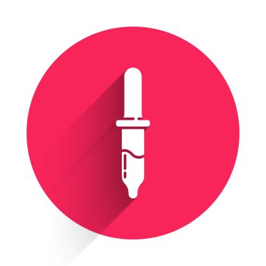 Beyaz Pipette simgesi uzun gölgeli izole edilmiş. Tıbbi, kozmetik, kimya laboratuvarı ekipmanları. Kırmızı daire düğmesi. Vektör.