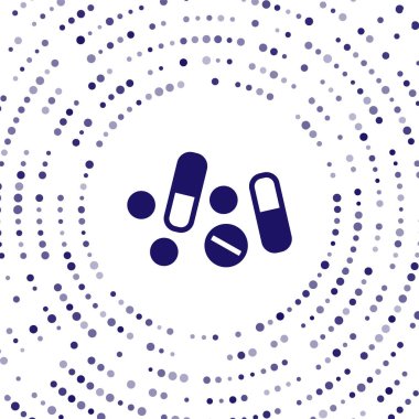 Mavi İlaç hapı ya da beyaz arka planda izole edilmiş tablet ikonu. Kapsül hapı ve uyuşturucu işareti. Eczane tasarımı. Soyut çember rastgele noktalar. Vektör.