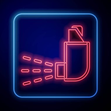 Parlayan neon solunum cihazı simgesi mavi arkaplanda izole edildi. Öksürük şurubu, solunum, alerjik hasta. Tıbbi alerji astım spreyi. Vektör.
