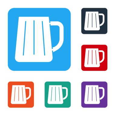 Beyaz tahta bira bardağı ikonu beyaz arka planda izole edilmiş. Renkli kare düğmelerle simgeleri ayarla. Vektör.