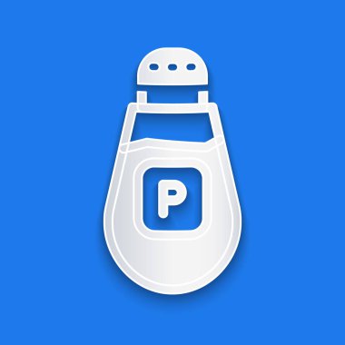 Kağıt kesiği Pepper simgesi mavi arkaplanda izole edilmiş. Yemek pişirme baharatları. Kağıt sanatı tarzı. Vektör.