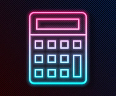 Parlayan neon hattı hesap makinesi simgesi siyah arkaplanda izole edildi. Muhasebe sembolü. İş hesaplamaları matematik eğitimi ve finans. Vektör İllüstrasyonu.