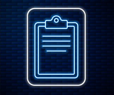 Duvarda izole edilmiş kontrol listesi simgesiyle parlayan neon çizgi panosu. Kontrol listesi sembolü. Anket anketi ya da anket geri bildirim formu. Vektör.