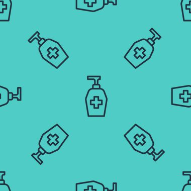 Siyah çizgi, yeşil arkaplanda izole edilmiş şeker ikonlu sıvı antibakteriyel sabun. Antiseptik. Dezenfeksiyon, hijyen, cilt bakımı. Vektör.