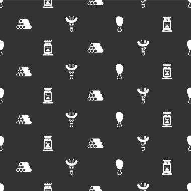 Tavuk budu, ızgara kömür torbası, ahşap kütükler ve sosisleri çatalda pürüzsüz desen üzerine yerleştirin. Vektör.