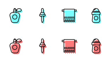 Havluyu bir askıya, parfüme, Pipette 'e ve terletici deodorant ikonuna yerleştir. Vektör.