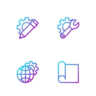 Mühendislik için çizelge kağıdı, Dünya Küresi ve teçhizat, Kalem ve İngiliz anahtarı. Renk simgeleri. Vektör.