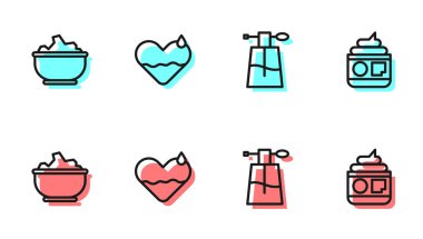 Parfüm, kaptaki deniz tuzu, kalp iyileşmesi ve krem ya da losyon kozmetik tüp ikonu. Vektör.