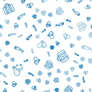 Stetoskop, ilk yardım çantası ve şırıngayı kusursuz desene ayarlayın. Vektör.