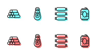 Sausage, Wooden Logs, Pepper ve Soda kutusu ikonu. Vektör.