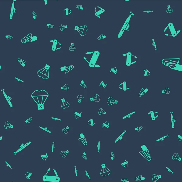 İsviçre çakısı, denizaltı, paraşütle uçan kutu ve kusursuz desenli Kokteyl molotofu ayarlayın. Vektör.