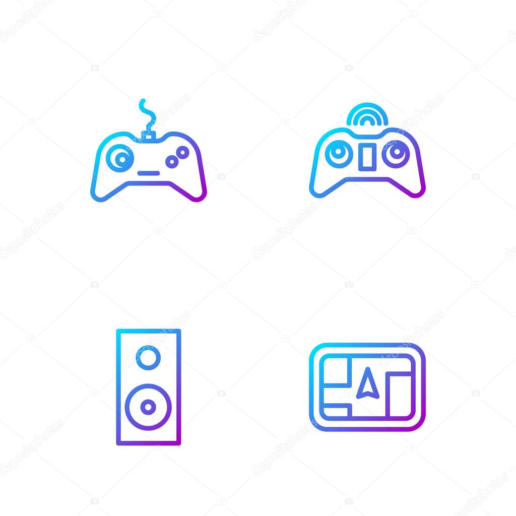 Set line Gps device with map, Stereo speaker, Gamepad and Wireless gamepad. Gradient color icons. Vector.