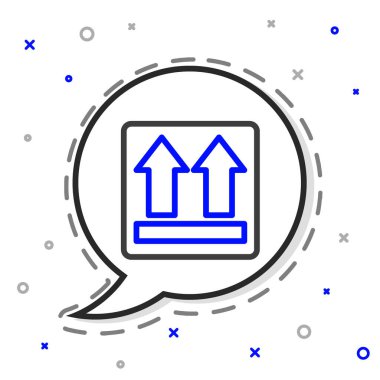 Bu kenar simgesi beyaz arkaplanda izole edildi. Paketin üst tarafını gösteren iki ok. Kargo halledildi. Renkli taslak konsepti. Vektör İllüstrasyonu.