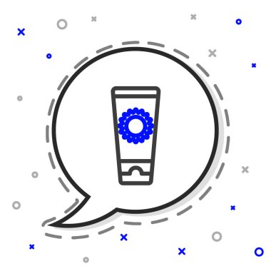 Beyaz arkaplanda izole edilmiş tüp simgesiyle çizgi güneş kremi. Cilt için güneş ultraviyole ışığından koruma. Renkli taslak konsepti. Vektör İllüstrasyonu.