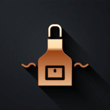 Altın Mutfak önlüğü simgesi siyah arka planda izole edildi. Yemek pişirmek için şef üniforması. Uzun gölge tarzı. Vektör.