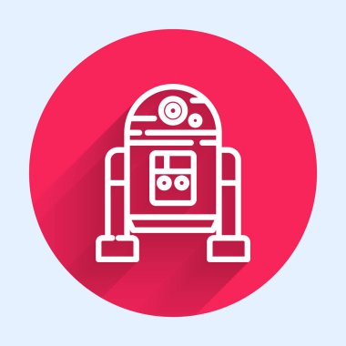 Beyaz çizgi robot simgesi uzun gölgeli izole edilmiş. Kırmızı daire düğmesi. Vektör.