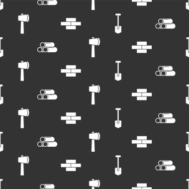 Kürek, endüstriyel metalik boru, tahta balta ve tuğlaları pürüzsüz desene ayarlayın. Vektör.