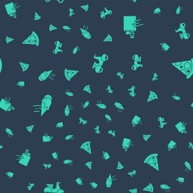 Scooter teslimatını ayarlayın, internetten sipariş verin ve dondurma ve pizza dilimlerini kusursuz bir şekilde ayarlayın. Vektör.