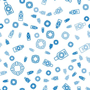 Hattı ayarla Lifebuoy, güneş kremi şişesi ve güneş kremi şişesi pürüzsüz desenli. Vektör.