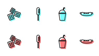 Set hattı Milkshake, bisküvi, kızarmış sosis ve Hotdog sandviç ikonu. Vektör.