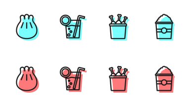 Tavuk bacağını paket kutusuna, Khinkali 'yi kesme tahtasına, Kokteyl ve Patlamış Mısır ikonuna yerleştir. Vektör.