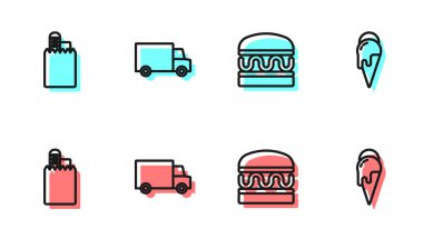 Set hattı Burger, sipariş ve teslimat, arabayla hızlı ve dondurma ikonu. Vektör.