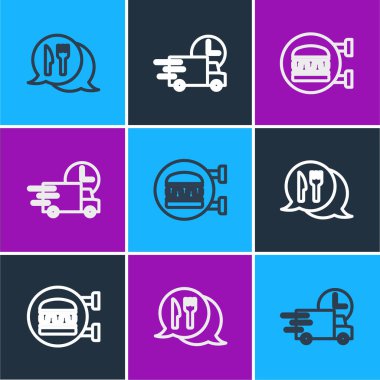 Cafe ve restoranın yerini belirle, online hamburger siparişi ver ve araba ikonuyla hızlı ol. Vektör.