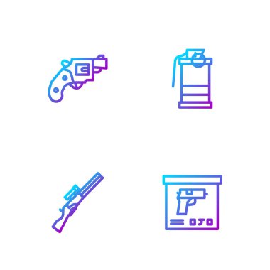 Askeri cephane kutusu, av silahı, küçük tabanca ve el bombası. Renk simgeleri. Vektör.