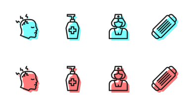 Hemşire, baş ağrısı çeken adam, sıvı antibakteriyel sabun ve tıbbi koruyucu maske ikonu. Vektör.
