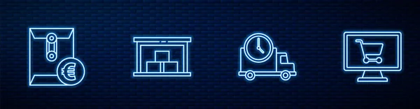 Set Line Logistik Lieferwagen Und Uhr Umschlag Mit Euro Symbol — Stockvektor