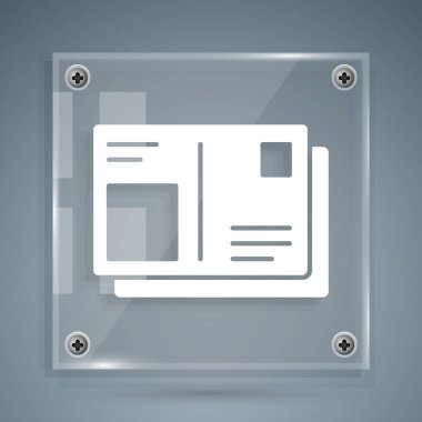 Gri arka planda vize damgası simgesi olan beyaz pasaport. Kimlik Belgesi. Kare cam paneller. Vektör İllüstrasyonu.