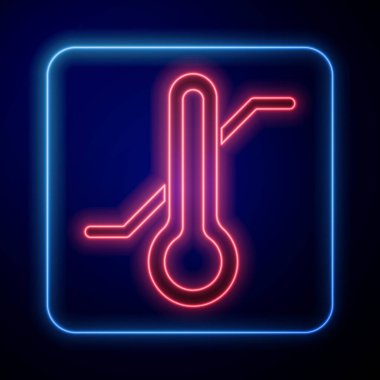 Parlayan neon meteoroloji termometresi mavi arkaplanda izole edilmiş ikonu ölçüyor. Termometre termometresi sıcak ya da soğuk hava gösteriyor. Vektör.