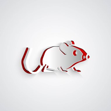 Kağıt kesiği Fare simgesi gri arkaplanda izole edildi. Fare işareti. Hayvan sembolü. Kağıt sanatı tarzı. Vektör.