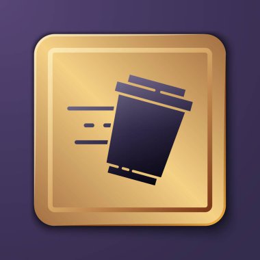 Mor kahve fincanı, mor arka planda izole edilmiş bir ikon haline gelecek. Altın kare düğme. Vektör.