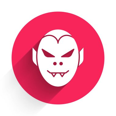 Beyaz Vampir ikonu uzun gölgelerle izole edilmiş. Mutlu Cadılar Bayramı Partisi. Kırmızı daire düğmesi. Vektör.