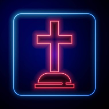 Mavi zemin üzerinde çapraz simge izole edilmiş parlak neon Tombstone. Mezar ikonu. Vektör.