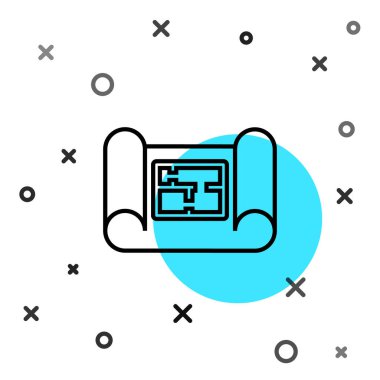 Beyaz arka planda siyah çizgi ev planı simgesi izole edildi. Rastgele dinamik şekiller. Vektör İllüstrasyonu.