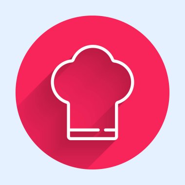 Beyaz çizgi aşçı şapkası simgesi uzun gölgeli izole edilmiş. Aşçılık sembolü. Aşçı şapkası. Kırmızı daire düğmesi. Vektör.