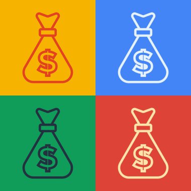 Pop Art Line Para Çantası simgesi renk arkaplanında izole edildi. Dolar ya da USD sembolü. Nakit bankacılık tabelası. Vektör.