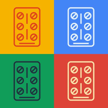 Popüler sanat eseri hapları renkli arka planda izole edilmiş. İlaç paketi. Tablet, vitamin, antibiyotik, aspirin. Vektör.