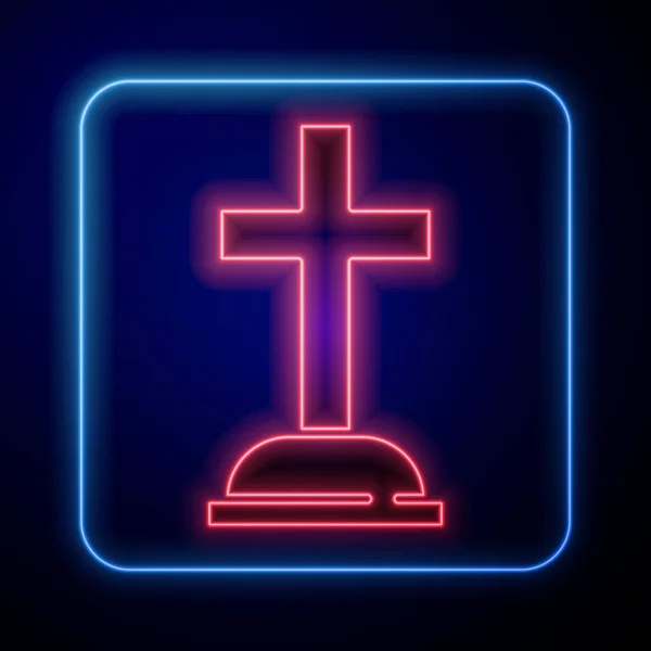 Zářící Neon Tombstone Ikonou Kříže Izolované Modrém Pozadí Ikona Hrobu — Stockový vektor