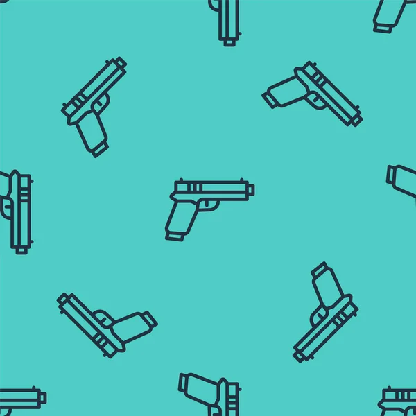 Black Line Pistol Gun Icon Isolated Seamless Pattern Green Background — Stock Vector